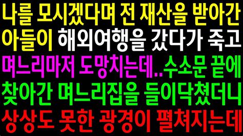 실화사연나를 모시겠다며 전 재산을 받아간 아들이 해외여행을 갔다가 세상을 떠나고 며느리마저 도망치는데며느리집을