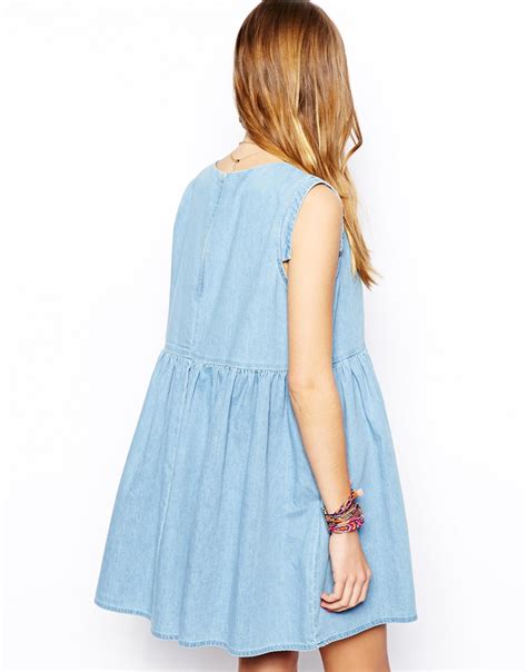 Lyst Asos Denim Smock Dress With Cap Sleeve In Light Wash In Blue