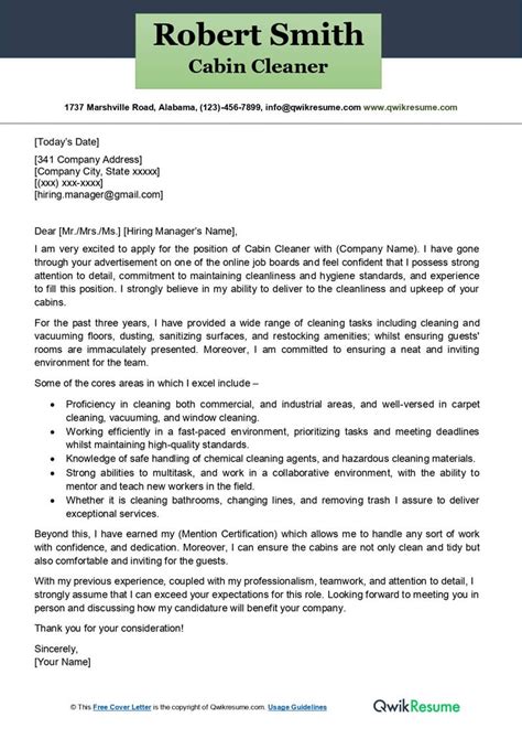 Cabin Cleaner Cover Letter Examples Qwikresume