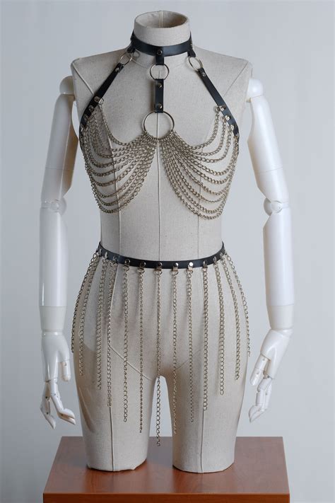 Women Chest Chain Harness Chain Harness Lingerie Set Leather Etsy
