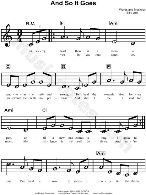 Billy Joel And So It Goes Sheet Music For Beginners In C Major