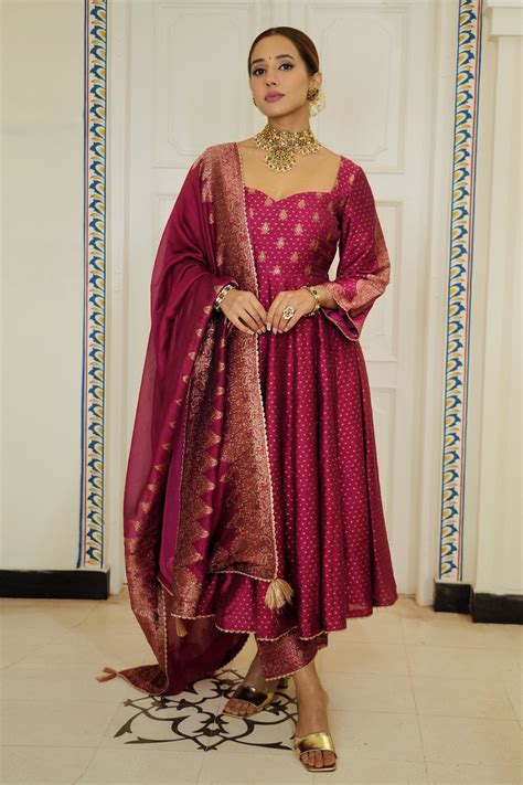 Buy Magenta Vegan Silk Lining Shantoon Woven Polka The Rummana Anarkali