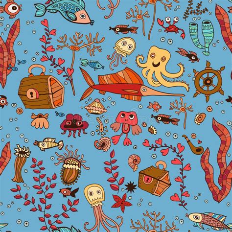 Underwater Seamless Pattern Of Elements On The Tropic Sea Life Stock