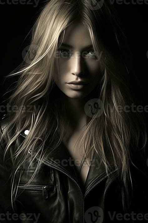 A Woman With Long Blonde Hair Wearing A Leather Jacket Generative Ai Stock Photo At