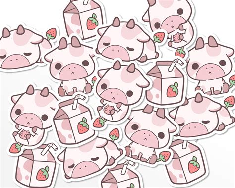 Cute Strawberry Cow Sticker Set Strawberry Milk Stickers Etsy