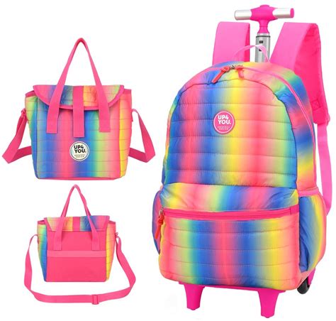 Ditudotem Kit Mochila Escolar Rodinhas Feminina Menina Juvenil Colorido