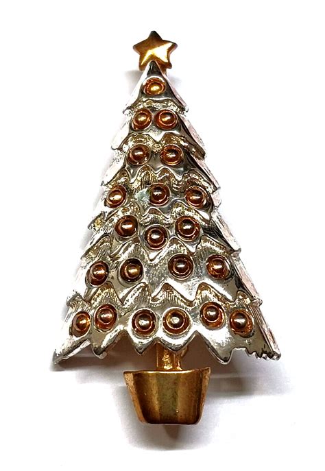 Vintage Retro Danecraft Christmas Tree Brooch Silver Tone With Gold