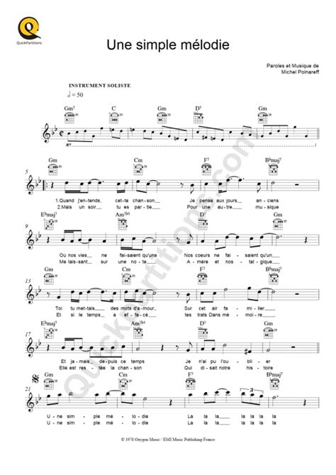 Partition pour Instruments Solistes Une simple mélodie de Michel Polnareff