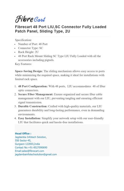 Fibrecart 48 Port Liusc Connector Fully Loaded Patch Panel Sliding