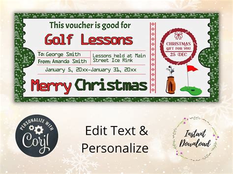 Editable Golf Lessons Christmas Voucher Gift Certificate Gift Voucher