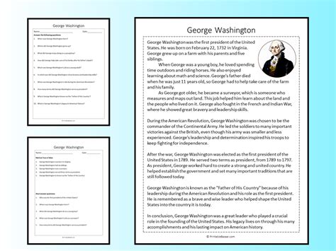 George Washington Reading Comprehension Passage Printable Worksheet