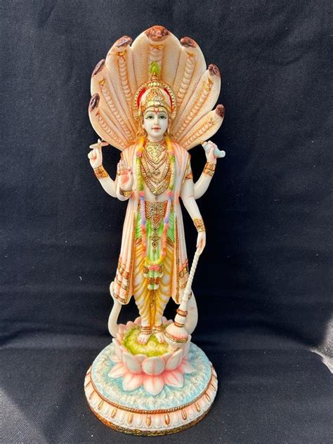 Vishnu Statue 32 CM Big Hand Painted Dust Marble Lord Vishnu Idol