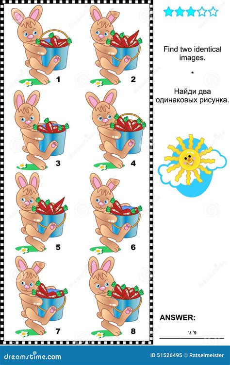 Picture Riddle Find Two Identical Images Of Bunnies And Carrots Stock