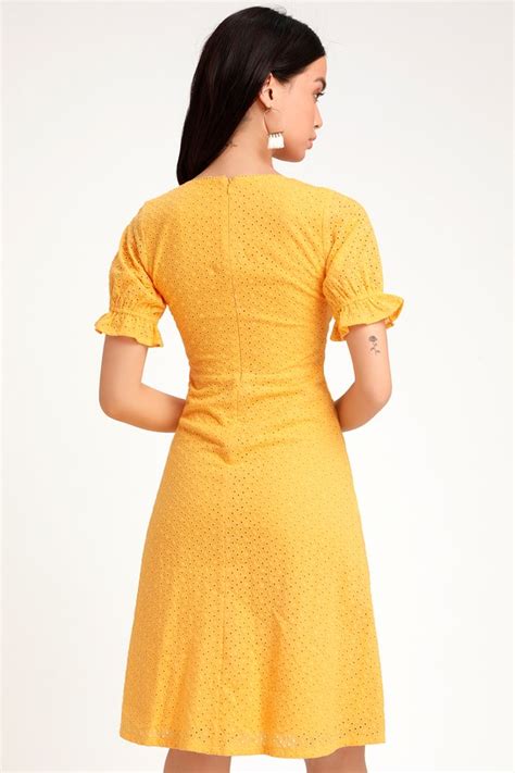 Cute Golden Yellow Dress Eyelet Lace Dress Midi Dress Dress Lulus