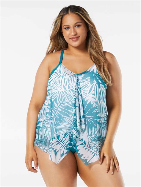 Beach House Swim Plus Size Kerry Mesh Layer Tankini Top Abstract Palm