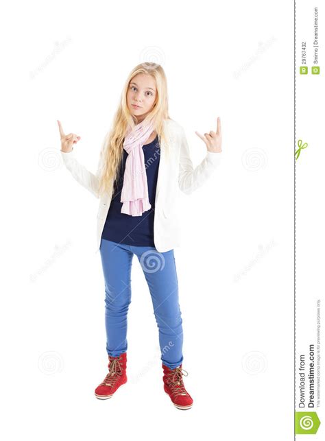 Fille Blonde Montrant Quelques Signes Photo Stock Image Du Sourire Gentil