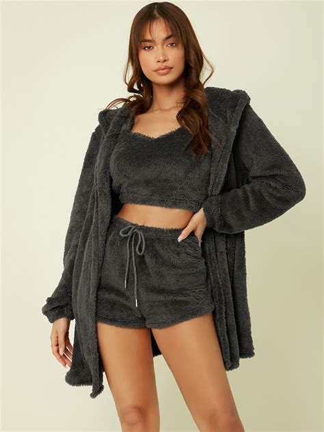 Crop Flannel Tank Top Shorts And Hooded Robe Lounge Set