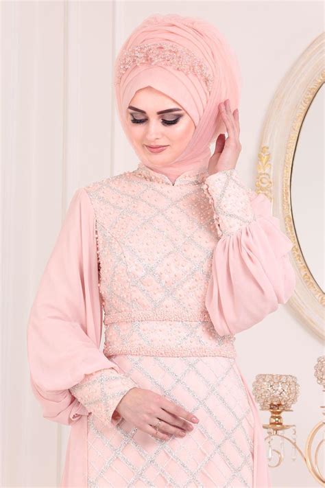 Tesettürlü Abiye Elbise Powder Pink Hijab Evening Dress 2032pd