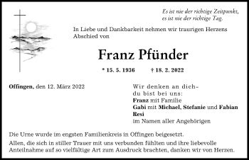 Traueranzeigen von Franz Pfänder Allgäuer Zeitung