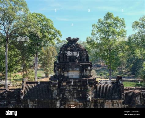 An ancient stone structure from the times of the Khmer Empire in the forest of Cambodia, ancient ...