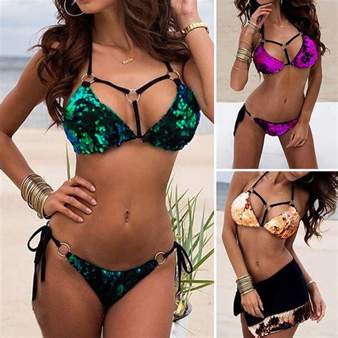 Sexy Uitgesneden Pailletten Bikini Set