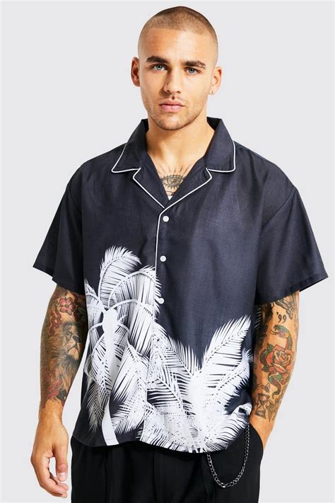 Boxy Slub Palm Piping Shirt Boohoo Uk