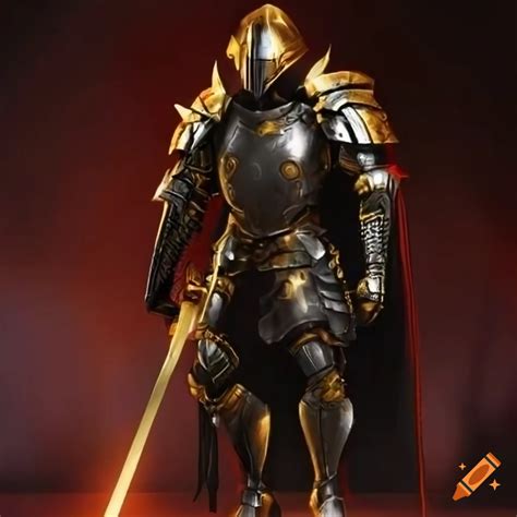 Futuristic Knight In Black Armor With Golden Ornaments And Red Visor