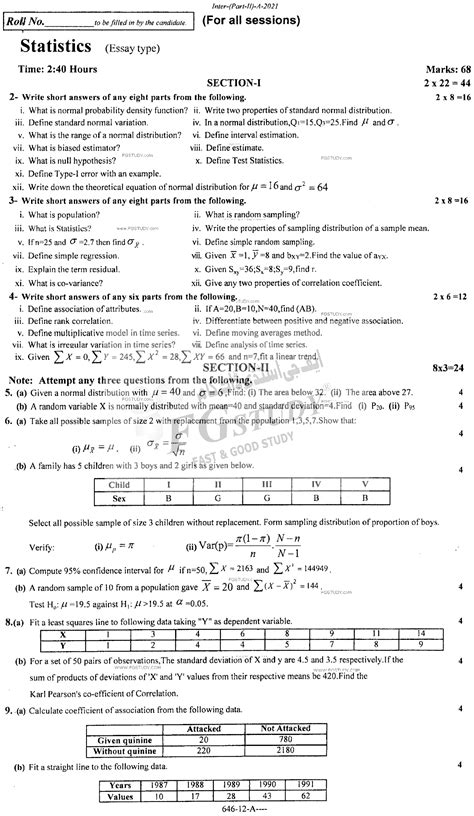 12th Class Statistics Past Paper 2021 Rawalpindi Board Subjective