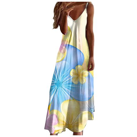 Gyujnb Women Casual Sleeveless V Neck Dresses Summer 2024 Floral Boho Maxi Long Beach Dresses