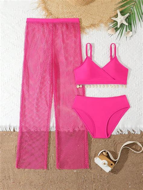 Tween Girls 3 Pieces Set Solid Color Bikini Swimwear Top And Bottom With Cover Up Pants SHEIN USA