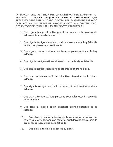 Interrogatorio Para Testimonial Para Acreditar Dependencia Economica