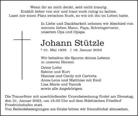 Traueranzeigen Von Johann St Tzle Schwaebische De Trauerportal