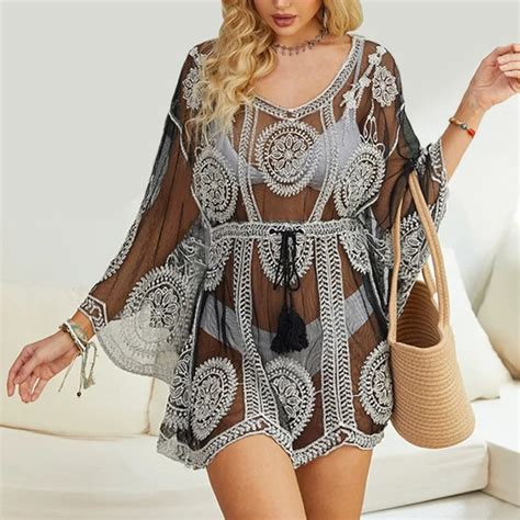 PDEP New Beach Cover Up Bikini Outer Hot Lace Embroidery Dresses