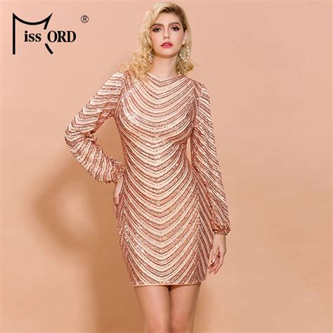 Missord 2020 Women Sexy O Neck Long Sleeve Sequin Striped Dresses