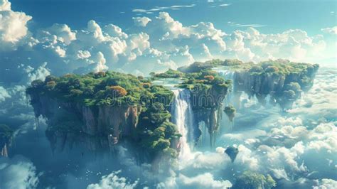 An Ethereal Landscape With A Series Of Floating Islands Above The