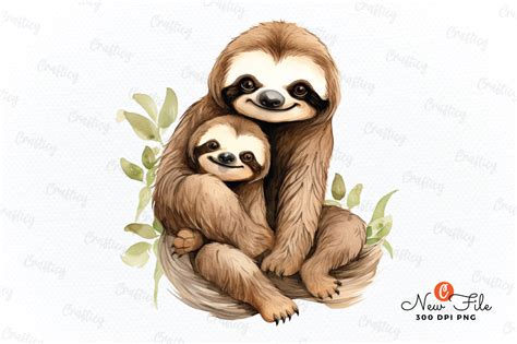 Mom And Baby Sloth Watercolor Clipart Graphic By Crafticy Creative