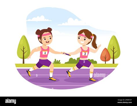 Relay Race Illustration Kids By Passing The Baton To Teammates Until