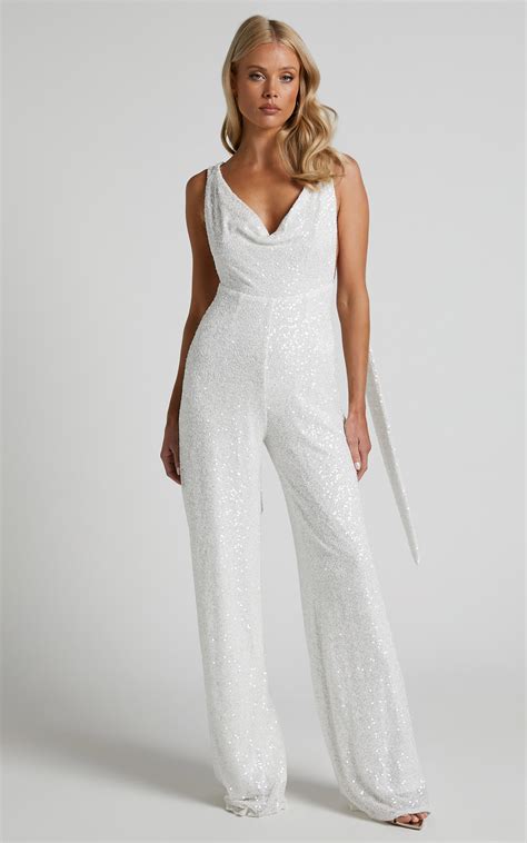 Malisha Jumpsuit Cowl Neck Backless Jumpsuit In White Sequin Showpo