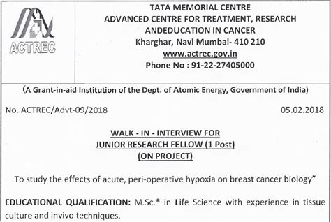 JRF Position To Study Breast Cancer Biology ACTREC Mumbai