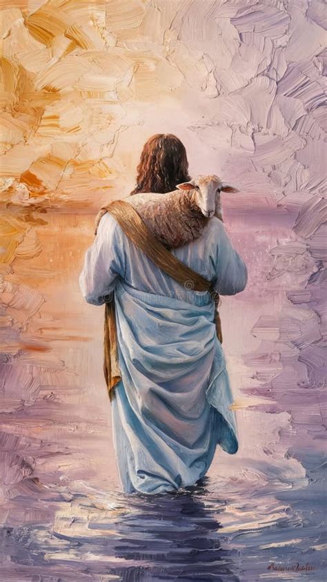 Jesus As Shepherd With Lamb Over Shoulder Stock Illustration