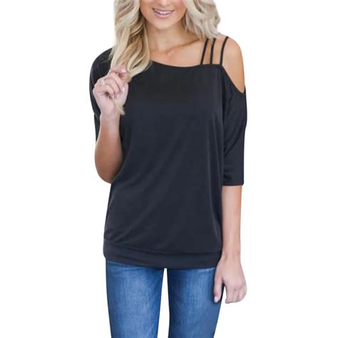 Feitong Sexy Cold Shoulder T Shirt Women Solid Asymmetrical Neckline