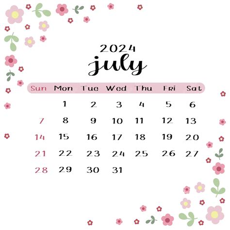 Kalender Juli 2024 Bunga Merah Muda Yang Indah 2024 Kalender Bulanan Kalender Juli Png