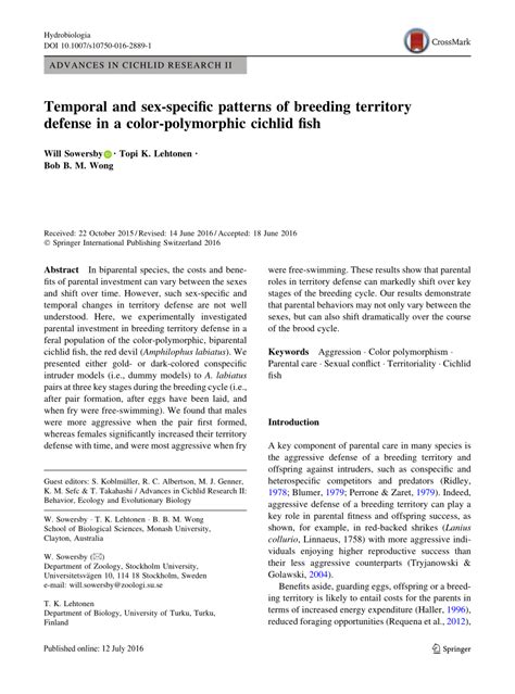 Pdf Temporal And Sex Specific Patterns Of Breeding Territory Defense In A Color Polymorphic