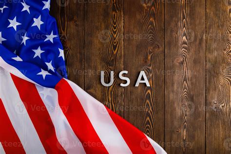 The Word Usa Laid With Silver Metal Letters On Wooden Board Surface