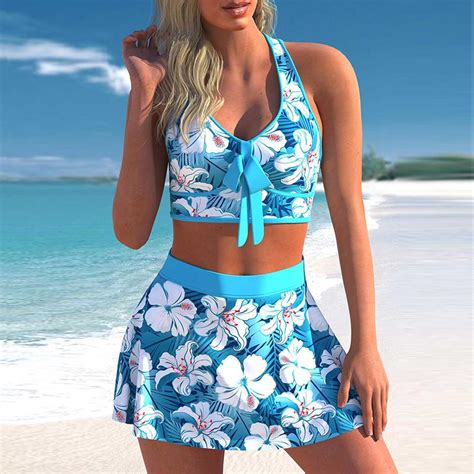 Buy Plus Size Swimsuit Coconut Tree Print High Waisted Cyan Bikini Set