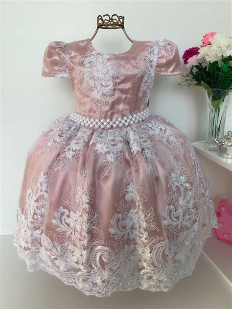 Vestido Infantil Nude Renda Branca Realeza Pérolas Luxo Rosa Charmosa Atacado