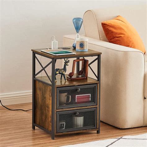 Vecelo End Table With Charging Station Nightstand With Usb Ports And