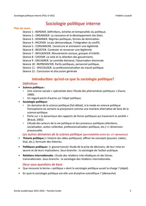 Notes De Socio Politique Interne Plan Du Cours Sociologie Politique