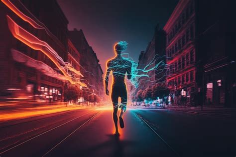 Premium Ai Image Person Running Through Neon Night City Crossing With