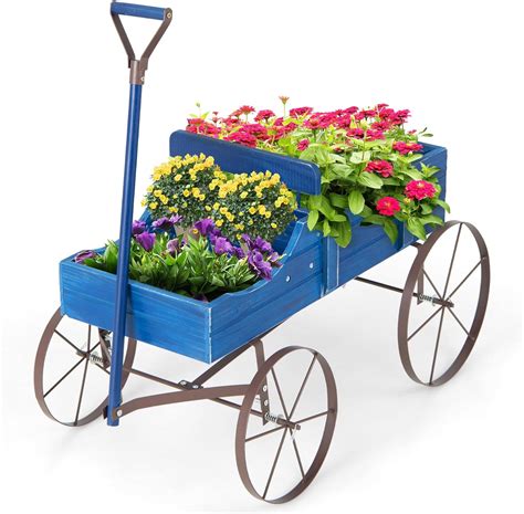 Furniga Wooden Wagon Planter Decorative Garden Wagon Cart Planter Stand With